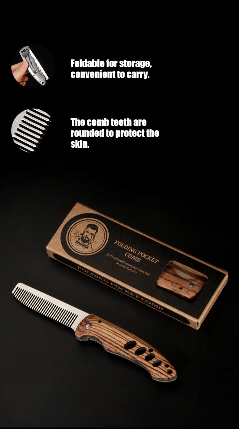 無垢材と金属製の折りたたみ式髭櫛（男性用）、携帯用ポマドール - Mens Grooming Barber のレビューと価格